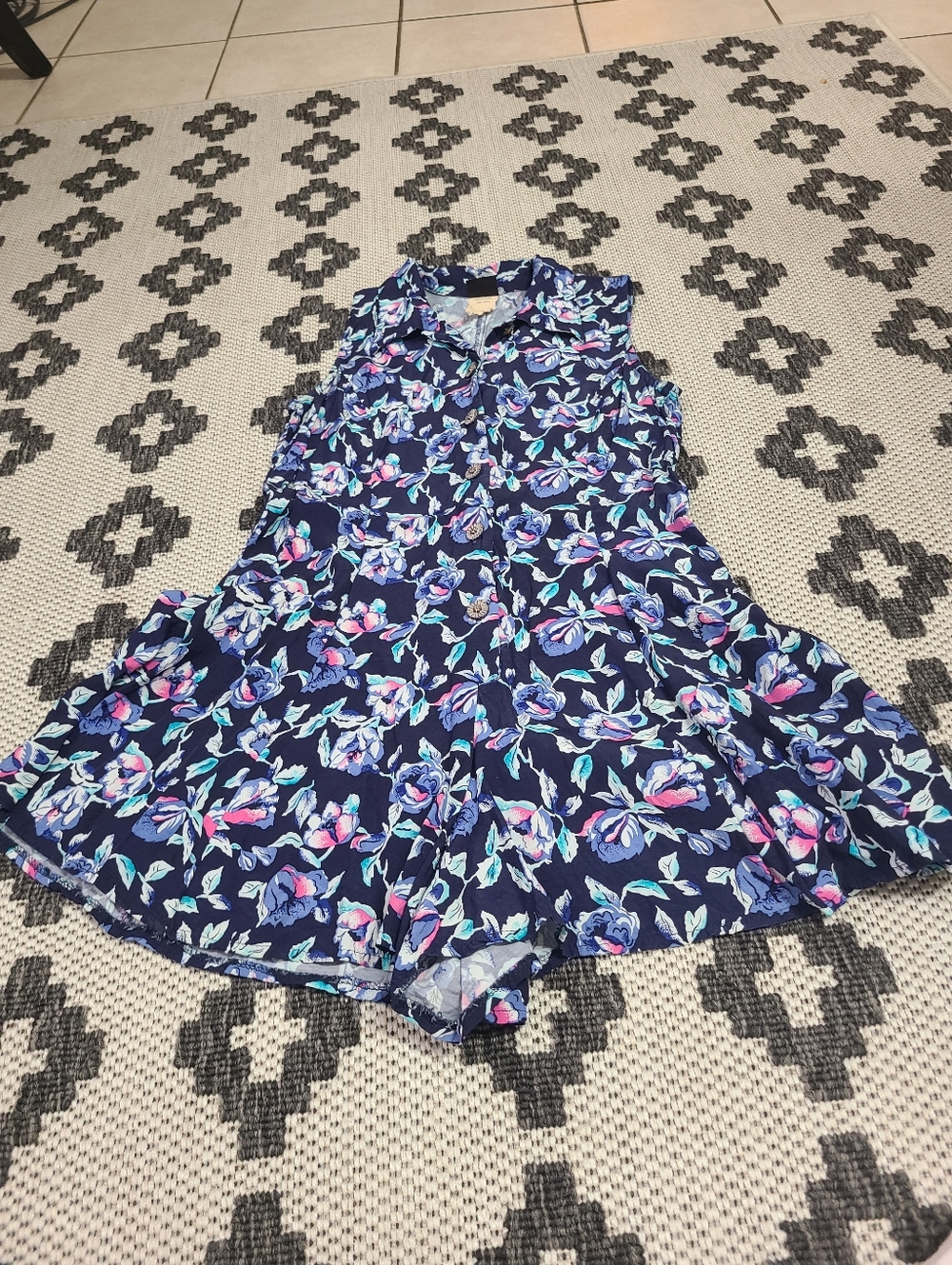 Vintage  Navy Floral Button-Front‎ Romper - Picture 4 of 9